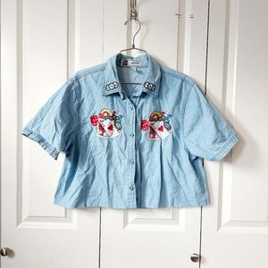 Vegas Casino Night Chambray/Denim Shirt Large Passion Vintage 90s Crop